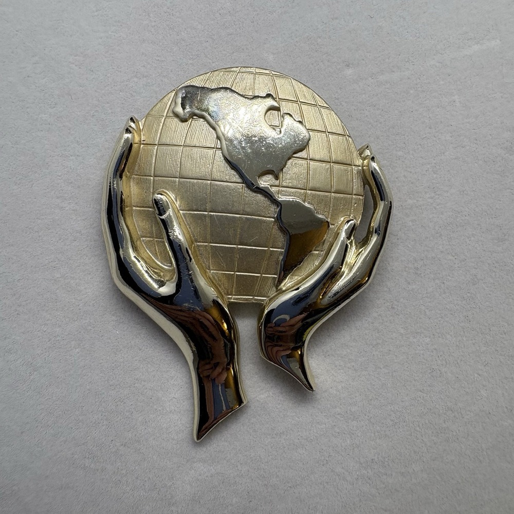 World in Hands Pin/Brooch Gold Tone Whole World In Your Hands Globe 3D